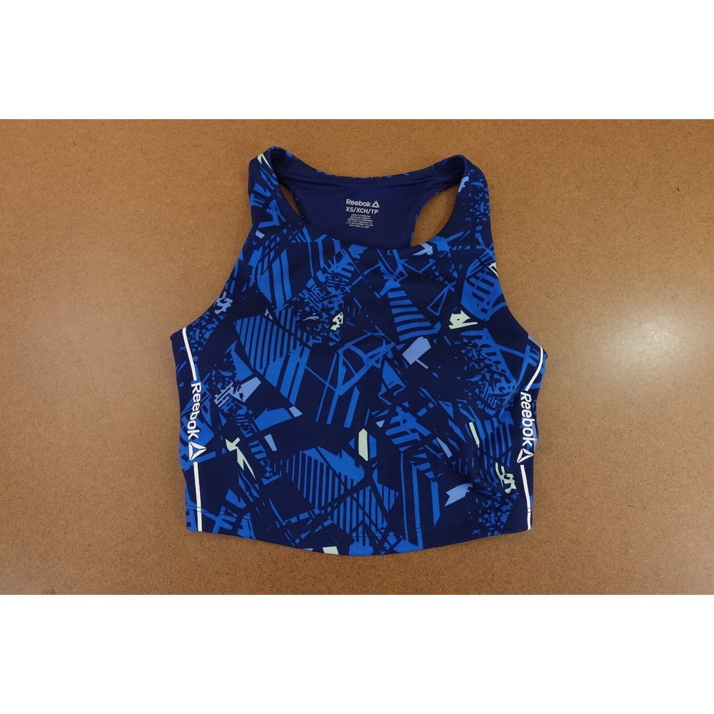 Reebok Womens Size XS Blue Geo Print Cropped Racerback Padded Sports Bra Top
